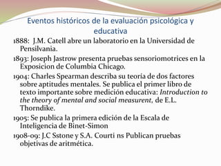 1888: J.M. Catell abre un laboratorio en la Universidad de
Pensilvania.
1893: Joseph Jastrow presenta pruebas sensoriomotrices en la
Exposicion de Columbia Chicago.
1904: Charles Spearman describa su teoría de dos factores
sobre aptitudes mentales. Se publica el primer libro de
texto importante sobre medición educativa: Introduction to
the theory of mental and social measurent, de E.L.
Thorndike.
1905: Se publica la primera edición de la Escala de
Inteligencia de Binet-Simon
1908-09: J.C Sstone y S.A. Courti ns Publican pruebas
objetivas de aritmética.
Eventos históricos de la evaluación psicológica y
educativa
 