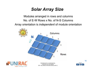 Solar Array Size
       Modules arranged in rows and columns
       No. of E-W Rows x No. of N-S Columns
Array orientation is independent of module orientation




                                                         16
                      PROPRIETARY & CONFIDENTIAL
                         CONTROLLED DOCUMENT
                  REF: SIS-UNIRAC-RACKING-BASICS-REV-2
 