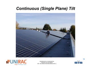 Continuous (Single Plane) Tilt




                                                 19
              PROPRIETARY & CONFIDENTIAL
                 CONTROLLED DOCUMENT
          REF: SIS-UNIRAC-RACKING-BASICS-REV-2
 