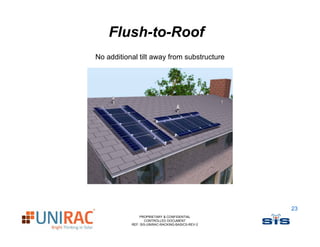 Flush-to-Roof
No additional tilt away from substructure




                                                  23
               PROPRIETARY & CONFIDENTIAL
                  CONTROLLED DOCUMENT
           REF: SIS-UNIRAC-RACKING-BASICS-REV-2
 
