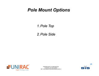 Pole Mount Options


   1. Pole Top

   2. Pole Side
   2 P l Sid




                                            26
         PROPRIETARY & CONFIDENTIAL
            CONTROLLED DOCUMENT
     REF: SIS-UNIRAC-RACKING-BASICS-REV-2
 
