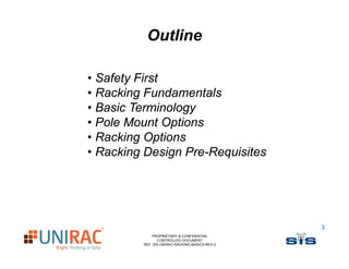 Outline

• Safety First
       y
• Racking Fundamentals
• Basic Terminology
• Pole Mount O Options
• Racking Options
• Racking Design Pre Requisites
                   Pre-Requisites




                                                 3
              PROPRIETARY & CONFIDENTIAL
                 CONTROLLED DOCUMENT
          REF: SIS-UNIRAC-RACKING-BASICS-REV-2
 
