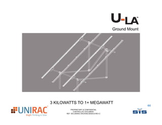 Ground Mount




3 KILOWATTS TO 1+ MEGAWATT
                                                            44
          PROPRIETARY & CONFIDENTIAL
             CONTROLLED DOCUMENT
      REF: SIS-UNIRAC-RACKING-BASICS-REV-2
 