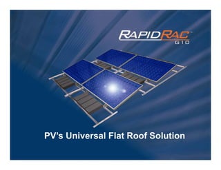 PV s
PV’s Universal Flat Roof Solution
                                                 48
              PROPRIETARY & CONFIDENTIAL
                 CONTROLLED DOCUMENT
          REF: SIS-UNIRAC-RACKING-BASICS-REV-2
 