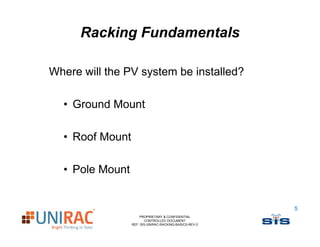 Racking Fundamentals

Where will the PV system be installed?
                   y

  • Ground Mount

  • Roof Mount

  • Pole Mount


                                                        5
                     PROPRIETARY & CONFIDENTIAL
                        CONTROLLED DOCUMENT
                 REF: SIS-UNIRAC-RACKING-BASICS-REV-2
 