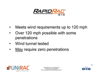 •   Meets wind requirements up to 120 mph
•   Over 120 mph possible with some
    penetrations
•   Wind tunnel tested
•   May require zero penetrations


                                                        51
                     PROPRIETARY & CONFIDENTIAL
                        CONTROLLED DOCUMENT
                 REF: SIS-UNIRAC-RACKING-BASICS-REV-2
 