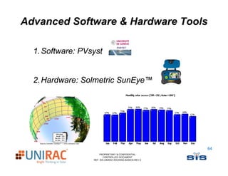 Advanced Software & Hardware Tools

  1. Software: PVsyst
                  y


  2. Hardware: S
               Solmetric S
                         SunEye™




                                                         64
                      PROPRIETARY & CONFIDENTIAL
                         CONTROLLED DOCUMENT
                  REF: SIS-UNIRAC-RACKING-BASICS-REV-2
 