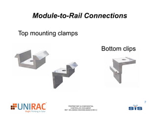 Module-to-Rail Connections

Top mounting clamps

                                                     Bottom clips




                                                                    7
                  PROPRIETARY & CONFIDENTIAL
                     CONTROLLED DOCUMENT
              REF: SIS-UNIRAC-RACKING-BASICS-REV-2
 