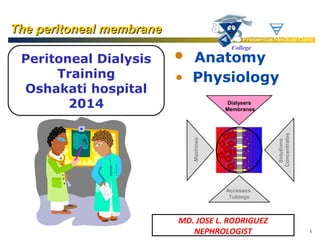 The peritoneal membrane

•

Anatomy
• Physiology

Solutions
Concentrates

Dialysers
Membranes

Machines

Peritoneal Dialysis
Training
Oshakati hospital
2014

College

Accesses
Tubings

MD. JOSE L. RODRIGUEZ
NEPHROLOGIST

1

 