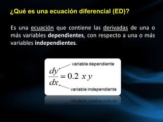¿Qué es una ecuación diferencial (ED)?
Es una ecuación que contiene las derivadas de una o
más variables dependientes, con respecto a una o más
variables independientes.
 