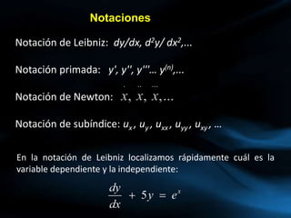 Notación de Leibniz: dy/dx, d2y/ dx2,...
Notación primada: y', y'', y'''… y(n),...
Notación de Newton:
Notación de subíndice: ux , uy , uxx , uyy , uxy , …
Notaciones
En la notación de Leibniz localizamos rápidamente cuál es la
variable dependiente y la independiente:
 