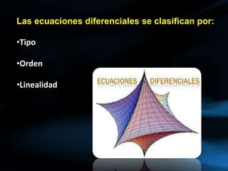 Las ecuaciones diferenciales se clasifican por:
•Tipo
•Orden
•Linealidad
 