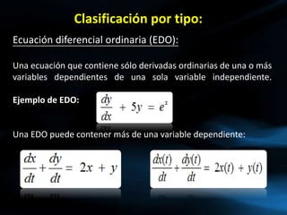 Ecuación diferencial ordinaria (EDO):
Una ecuación que contiene sólo derivadas ordinarias de una o más
variables dependientes de una sola variable independiente.
Ejemplo de EDO:
Una EDO puede contener más de una variable dependiente:
Clasificación por tipo:
 