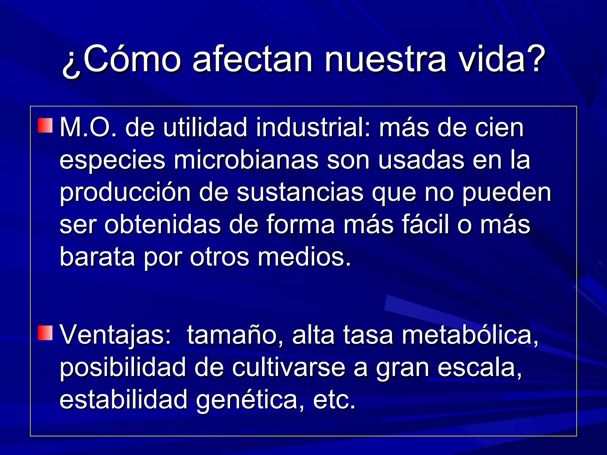 ¿Cómo afectan nuestra vida?¿Cómo afectan nuestra vida?
M.O. de utilidad industrial: más de cienM.O. de utilidad industrial: más de cien
especies microbianas son usadas en laespecies microbianas son usadas en la
producción de sustancias que no puedenproducción de sustancias que no pueden
ser obtenidas de forma más fácil o másser obtenidas de forma más fácil o más
barata por otros medios.barata por otros medios.
Ventajas: tamaño, alta tasa metabólica,Ventajas: tamaño, alta tasa metabólica,
posibilidad de cultivarse a gran escala,posibilidad de cultivarse a gran escala,
estabilidad genética, etc.estabilidad genética, etc.
 