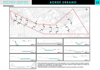 RECURSO URBANO
Barraza – Meza – Morales – Motta
                                                                                 BORDE URBANO                                                                                L3
TOPOGRAFIA

                                                                                                                                                                     N


                a
                                                                                                                      i
                        b       c
            a                                     d
                    b                                             e
                                                                                              g                   h              i
                            c                                                    f
                                      d
                                                          e
                                                                                              g                           h
                                                                                f




                                    CORTE A - A                                                   CORTE B - B                                                  CORTE C - C




                                    CORTE D - D                                                   CORTE E - E                                                  CORTE F - F




                                    CORTE G - G                                                   CORTE H - H                                                  CORTE I - I


                                                      El gran limite natural que encontramos en la zona de estudio es el rio y al resolver el tajo que produce se generan
                                                      los puentes. Por la necesidad de una conexión entre la zona este y oeste de la ciudad se genera la vía expresa de
                                                      evitamiento como gran corredor vial de alta velocidad
                                                      Todos estos elementos, el rio, evitamiento, los puentes generan las zonas que se pueden ver en el grafico.
                                    CORTE J - J
 