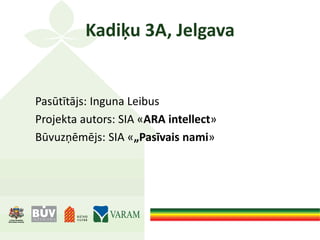 Kadiķu 3A, Jelgava
Pasūtītājs: Inguna Leibus
Projekta autors: SIA «ARA intellect»
Būvuzņēmējs: SIA «„Pasīvais nami»
 