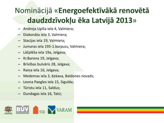 Nominācijā «Energoefektīvākā renovētā
daudzdzīvokļu ēka Latvijā 2013»
– Andreja Upīša iela 4, Valmiera;
– Diakonāta iela 3, Valmiera;
– Stacijas iela 19, Valmiera;
– Jumaras iela 195-1.korpuss, Valmiera;
– Lāčplēša iela 19a, Jelgava;
– Kr.Barona 19, Jelgava;
– Brīvības bulvāris 28, Jelgava;
– Raiņa iela 10, Jelgava;
– Medemas iela 3, Ķekava, Baldones novads;
– Leona Paegles iela 15, Sigulda;
– Tūristu iela 11, Saldus;
– Dundagas iela 16, Talsi;
 