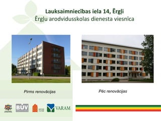 Lauksaimniecības iela 14, Ērgļi
Ērgļu arodvidusskolas dienesta viesnīca
Pirms renovācijas Pēc renovācijas
 