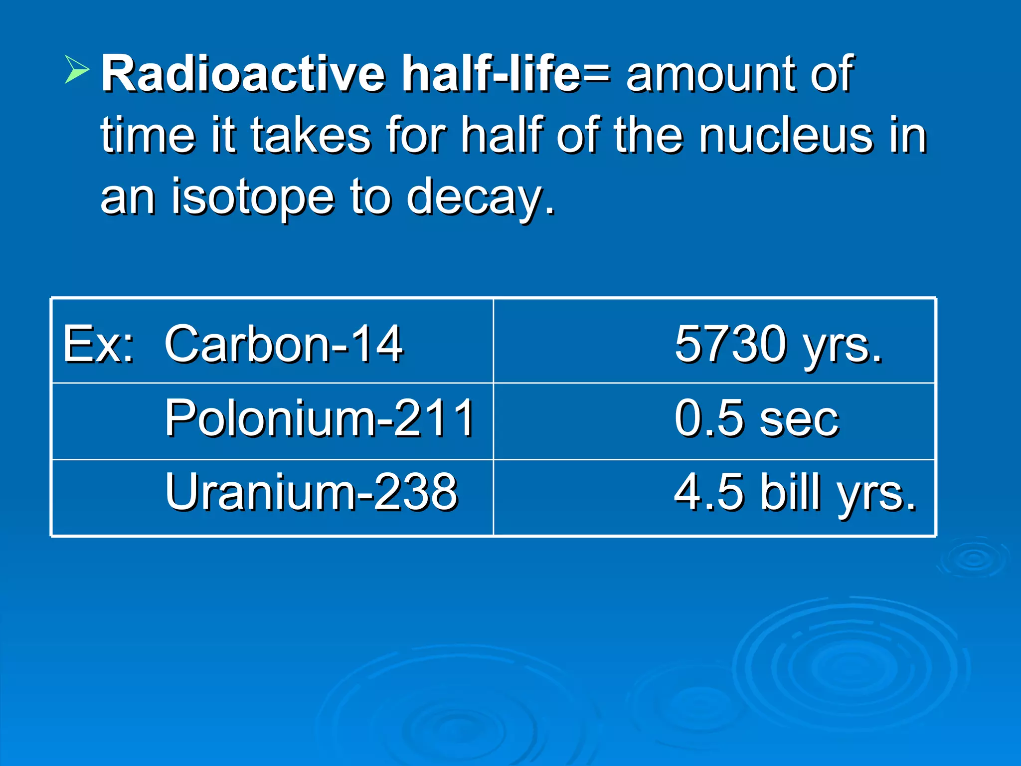 Radioactive half-life = amount of time it takes for half of the nucleus in an isotope to decay. Ex: Carbon-14 5730 yrs. Polonium-211 0.5 sec Uranium-238 4.5 bill yrs.