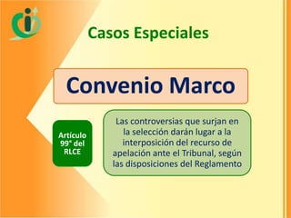 Casos Especiales

Convenio Marco
Artículo
99° del
RLCE

Las controversias que surjan en
la selección darán lugar a la
interposición del recurso de
apelación ante el Tribunal, según
las disposiciones del Reglamento

 