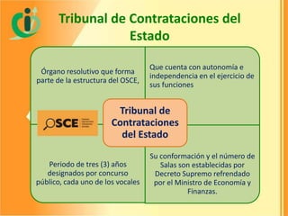 Tribunal de Contrataciones del
Estado
Órgano resolutivo que forma
parte de la estructura del OSCE,

Que cuenta con autonomía e
independencia en el ejercicio de
sus funciones

Tribunal de
Contrataciones
del Estado
Periodo de tres (3) años
designados por concurso
público, cada uno de los vocales

Su conformación y el número de
Salas son establecidas por
Decreto Supremo refrendado
por el Ministro de Economía y
Finanzas.

 