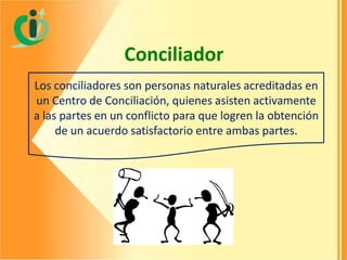 Conciliador
Los conciliadores son personas naturales acreditadas en
un Centro de Conciliación, quienes asisten activamente
a las partes en un conflicto para que logren la obtención
de un acuerdo satisfactorio entre ambas partes.

 