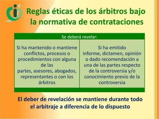 Reglas éticas de los árbitros bajo
la normativa de contrataciones
Se deberá revelar:

Si ha mantenido o mantiene
conflictos, procesos o
procedimientos con alguna
de las
partes, asesores, abogados,
representantes o con los
árbitros

Si ha emitido
informe, dictamen, opinión
o dado recomendación a
una de las partes respecto
de la controversia y/o
conocimiento previo de la
controversia

El deber de revelación se mantiene durante todo
el arbitraje a diferencia de lo dispuesto

 