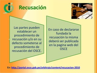 Recusación

Las partes pueden
establecer un
procedimiento de
recusación y/o en su
defecto someterse al
procedimiento de
recusación del OSCE.

En caso de declararse
fundada la
recusación la misma
deberá ser publicada
en la pagina web del
OSCE

En: http://portal.osce.gob.pe/arbitraje/content/recusacion-2010

 