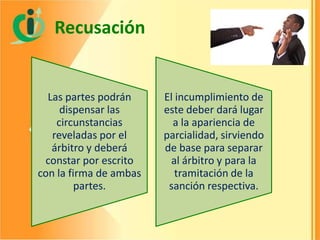 Recusación

Las partes podrán
dispensar las
circunstancias
reveladas por el
árbitro y deberá
constar por escrito
con la firma de ambas
partes.

El incumplimiento de
este deber dará lugar
a la apariencia de
parcialidad, sirviendo
de base para separar
al árbitro y para la
tramitación de la
sanción respectiva.

 