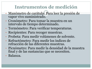 Instrumentos de medición
• Manómetro de carátula: Para leer la presión de
vapor vivo suministrado.
• Cronómetro: Para tomar la muestra en un
intervalo de tiempo determinado.
• Termómetro: Para verificar temperaturas.
• Recipientes: Para recoger muestras.
• Probeta: Para medir volúmenes de solvente.
• Refractómetro: Para medir los índices de
refracción de las diferentes muestras.
• Picnómetro: Para medir la densidad de la muestra
final y de las sustancias que se necesiten.
• Balanza.
 