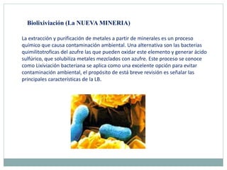 La extracción y purificación de metales a partir de minerales es un proceso
químico que causa contaminación ambiental. Una alternativa son las bacterias
quimilitotroficas del azufre las que pueden oxidar este elemento y generar ácido
sulfúrico, que solubiliza metales mezclados con azufre. Este proceso se conoce
como Lixiviación bacteriana se aplica como una excelente opción para evitar
contaminación ambiental, el propósito de está breve revisión es señalar las
principales características de la LB.
Biolixiviación (La NUEVA MINERIA)
 