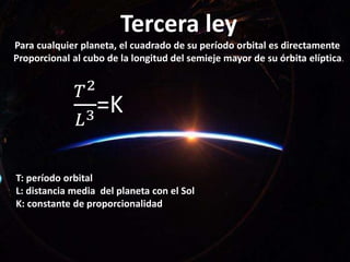 Tercera ley
Para cualquier planeta, el cuadrado de su período orbital es directamente
Proporcional al cubo de la longitud del semieje mayor de su órbita elíptica.
𝑇2
𝐿3=K
T: período orbital
L: distancia media del planeta con el Sol
K: constante de proporcionalidad
 