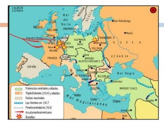 Fases de la Gran Guerra:LA GUERRA DE TRINCHERAS (1915 – 1917):Los ejércitos se estancan en una guerra de trincheras que causó enormes bajas.Hay iniciativa alemana.Estabilización de los frentes occidental y oriental.Desarrollo industrial de nuevas armas. Exaltación patrióta en ambos bandos.Extensión mundial del conflicto: colonias africanas, oriente medio y el Pacífico.Batallas: Verdún, Somme.LA GUERRA DE MOVIMIENTOS (1914):Alemania planeaba en acabar rápido la guerra:Terminaba con Francia en 6 semanas antes de enfrentarse a Rusia.Superioridad numérica de aliados frente a las potencias centrales.Francia consigue derrotar a Alemania en Marné.Rusia ataca Prusia.