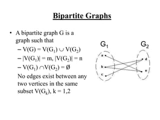 Bipartite Graphs
• A bipartite graph G is a
graph such that
– V(G) = V(G1)  V(G2)
– |V(G1)| = m, |V(G2)| = n
– V(G1) V(G2) = Ø
No edges exist between any
two vertices in the same
subset V(Gk), k = 1,2
G1 G2
 