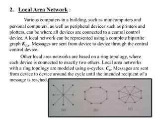 2. Local Area Network :
Various computers in a building, such as minicomputers and
personal computers, as well as peripheral devices such as printers and
plotters, can be where all devices are connected to a central control
device. A local network can be represented using a complete bipartite
graph K1,n. Messages are sent from device to device through the central
control device.
Other local area networks are based on a ring topology, where
each device is connected to exactly two others. Local area networks
with a ring topology are modeled using n-cycles, Cn. Messages are sent
from device to device around the cycle until the intended recipient of a
message is reached.
 