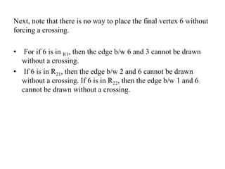 Next, note that there is no way to place the final vertex 6 without
forcing a crossing.
• For if 6 is in R1, then the edge b/w 6 and 3 cannot be drawn
without a crossing.
• If 6 is in R21, then the edge b/w 2 and 6 cannot be drawn
without a crossing. If 6 is in R22, then the edge b/w 1 and 6
cannot be drawn without a crossing.
 