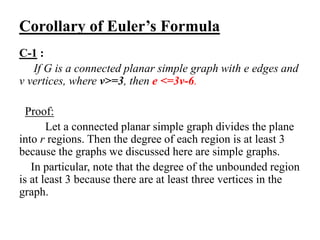 Corollary of Euler’s Formula
C-1 :
If G is a connected planar simple graph with e edges and
v vertices, where v>=3, then e <=3v-6.
Proof:
Let a connected planar simple graph divides the plane
into r regions. Then the degree of each region is at least 3
because the graphs we discussed here are simple graphs.
In particular, note that the degree of the unbounded region
is at least 3 because there are at least three vertices in the
graph.
 