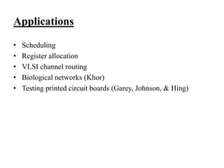 • Scheduling
• Register allocation
• VLSI channel routing
• Biological networks (Khor)
• Testing printed circuit boards (Garey, Johnson, & Hing)
Applications
 