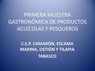 PRIMERA MUESTRA
GASTRONÓMICA DE PRODUCTOS
ACUÍCOLAS Y PESQUEROS
C.S.P. CAMARÓN, ESCAMA
MARINA, OSTIÓN Y TILAPIA
TABASCO

 
