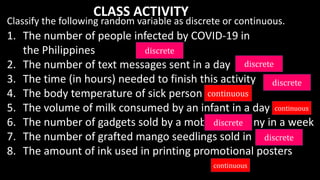 1. The number of people infected by COVID-19 in
the Philippines
2. The number of text messages sent in a day
3. The time (in hours) needed to finish this activity
4. The body temperature of sick person
5. The volume of milk consumed by an infant in a day
6. The number of gadgets sold by a mobile company in a week
7. The number of grafted mango seedlings sold in a month
8. The amount of ink used in printing promotional posters
Classify the following random variable as discrete or continuous.
CLASS ACTIVITY
 