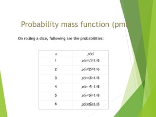 Probability mass function (pmf)
x p(x)
1 p(x=1)=1/6
2 p(x=2)=1/6
3 p(x=3)=1/6
4 p(x=4)=1/6
5 p(x=5)=1/6
6 p(x=6)=1/6
On rolling a dice, following are the probabilities:
 