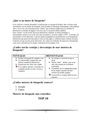 2 
¿Qué es un motor de búsqueda? 
Es un software o sistema informático en Internet que se encarga de localizar sitios web que estén 
relacionados con un término de búsqueda. Estos términos de búsqueda, denominados como palabras 
clave o keywords, son rastreados por las “arañas” que el sistema emplea para así clasificar la 
información en listados de páginas web en las que se encuentren dichas palabras. 
Estas “arañas” o web crawler, buscan la información solicitada en forma automática y 
sistematizada; muchas veces en la web, otras en noticias y servicios Gopher o FTP. A menudo, son 
relacionados con los directorios web, pero dada la propiedad de automatización en la búsqueda de 
información que poseen los buscadores, estos son más ágiles y contienen mayor volumen de datos. 
Contrario a lo que sucede con los directorios, los cuales son realizados de manera no automatizada 
y por avisos ofrecidos por los propios anunciantes de las páginas web. 
¿Cuáles son las ventajas y desventajas de usar motores de 
búsqueda? 
VENTAJAS DESVENTAJAS 
Facilita la búsqueda de cualquier cosa 
La exhaustividad: proporciona una 
enorme cantidad de información 
Proporciona una visión muy amplia 
Si se emplean opciones avanzadas, los 
resultados pueden ser muy certeros y 
completos 
No siempre se encuentra lo que se 
desea 
Mucho “ruido” : debido a que no ha 
sido seleccionada por un humano 
especialista 
Es probable que la ambigüedad propia 
de las lenguas naturales dé listas 
enormes de posibles paginas 
La precisión es el punto débil de estos 
sistemas 
¿Cuáles motores de búsqueda conoces? 
1. Google 
2. Yahoo 
Motores de búsqueda más conocidos: 
TOP 10 
 