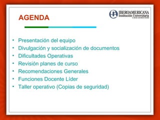 Presentación del equipo Divulgación y socialización de documentos Dificultades Operativas Revisión planes de curso Recomendaciones Generales Funciones Docente Líder Taller operativo (Copias de seguridad) AGENDA  