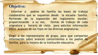Objetivo:
Informar a padres de familia las bases de trabajo
colaborativo que se requieren desde la escuela- familia.
Partiendo de la exposición del reglamento escolar;
proporcionando a su vez, formas de trabajo de cada
asignatura y horario de visita para solicitar información
sobre avances de sus hijos en las diversas asignaturas.
Elegir a los representante de grupo, para que compartan
información sobre avances concernientes a los padres de
familia, para la mejora de la institución educativa.
 