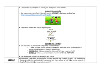  Preguntamos: ¿Quiénes son los personajes?, ¿Qué pasara con la semillita?
DURANTE EL CANCIÓN:
 Les presentamos a los niños el video de la canción: SEMILLITA Cantemos con Miss Rosi
https://www.youtube.com/watch?v=uon2r4pzZDU
 Se muestra la letra de la canción en papelografo:
DESPUES DEL CANCIÓN:
 Les realizamos las preguntas de comprensión correspondientes:
 LITERAL: ¿De qué trato la canción? ¿Cómo está la semillita al inicio?, ¿Dónde estaba la
semilla?, ¿Quién pregunto? ¿Quiénes respondieron?
 INFERENCIAL: ¿Qué personajes han observado? ¿Por qué pregunto el niño?
 CRITERIAL: ¿Crees que las semillas son importantes? SI NO, ¿POR QUÉ?
 Les pedimos que dibujen a los personajes de la canción.
CIERRE
 Preguntamos: ¿Qué hemos aprendido de la actividad realizada hoy? ¿Cómo lo hicimos? ¿De qué manera lo
hemos aprendido ¿Porque ha sido útil lo aprendido hoy? ¿Para qué nos servirá? ¿Qué hicimos primero? ¿Y
luego? ¿Finalmente?, ¿Qué te gusto de la canción?
 