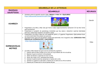 DESARROLLO DE LA ACTIVIDAD
PROCESOS
DIDÁCTICOS
DESARROLLO RECURSOS
ASAMBLEA
 Cantamos juntos la siguiente canción: Video: BRINCA Y PARA YA- EQUILIBRIO
https://www.youtube.com/watch?v=b2PfrTWc5AE
 Preguntamos a los niños y niñas: ¿De qué trató el video? ¿Qué movimientos realizaron? ¿Te fue fácil imitar
esos movimientos?
 Presentamos el propósito de aprendizaje diciéndoles que hoy vamos a demostrar nuestras habilidades
motrices y vamos hacer equilibrio con nuestro cuerpo.
Canción
Video
EXPRESIVIDAD
MOTRIZ
 Presentamos a los niños y niñas una cinta masketink, pelota, y 2 juguetes. Preguntamos: ¿Qué podemos hacer
con estos materiales? Escuchamos sus opiniones.
 Se propone hacer ejercicios de equilibrio usando esos materiales. Ver el siguiente video: EJERCICIOS PARA
PREESCOLAR (COORDINACIÓN Y EQUILIBRIO)
https://www.youtube.com/watch?v=lC_-8uA_UDU
 Los niños y niñas realizan los ejercicios de coordinación y equilibrio:
1. Caminar sobre la línea trazada con la cinta con un pie delante del otro sin salirse.
2. Realizar el ejercicio anterior retrocediendo.
3. Saltar de derecha a izquierda sin tocar la cinta,
4. Saltar de un lado a otro, realizando giros suaves.
5. Sostener la pelota mientras caminan por el camino de la cinta.
6. Sostener un juguete en cada mano y caminar por el camino de la cinta sin salirse.
7. Caminar por el camino de la cinta en puntas de pies.
 