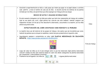  Concluida la experimentación se indica a cada grupo que tienen que pegar en un papel sabana o cartulina
cada plantita y dicen el nombre de cada una de ellas, la docente escribe los nombres de las plantas
dictados por los niños y les permitimos que ellos expongan sus trabajos ante sus amigos.
RECOJO DE DATOS Y ANALISIS DE RESULTADOS
 En este momento dialogamos con los niños para saber que tanto han comprendido del trabajo de la mañana
¿qué es una planta que cura?, ¿Qué plantas han conocido ene esta mañana?, también comparar sus
respuestas iniciales con las que ya han descubierto observando y escuchando a su maestra, así los niños
valoran sus predicciones.
ESTRUCTURACIÓN DEL SABER CONSTRUIDO COMO RESPUESTA AL PROBLEMA
 La maestra hace uso del material de los grupos de trabajo y les explica que son las plantas que curan,
también les pedimos que se ubiquen en asamblea o media luna para presentarles el siguiente video.
 Seguidamente pasamos a presentarles un video: LAS PLANTAS MEDICINALES EN EDUCACIÓN
INFANTIL https://www.youtube.com/watch?v=19rX5txSVYA
 Luego del video los niños ya en el aula dialogan sobre lo que han observado ¿Qué plantas medicinales
conocen? ¿Cuáles de ellas usan nuestras mamas en casa? ¿De dónde conseguimos las plantas medicinales
que consumimos?, ¿cómo podemos utilizarlas?
 Finalmente les entregamos a los niños una ficha donde reconocerán algunas plantas medicinales
Video
Ficha de trabajo
 