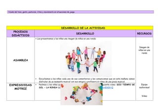 través del tono, gesto, posturas, ritmo y movimiento en situaciones de juego.
DESARROLLO DE LA ACTIVIDAD
PROCESOS
DIDÁCTICOS
DESARROLLO RECURSOS
ASAMBLEA
 Les presentamos a los niños una imagen de niños en una ronda:
 Escuchamos a los niños cada uno de sus comentarios y les comunicamos que en esta mañana vamos
disfrutar de un momento musical con sus amigos y profesora al ritmo de una pieza musical.
Imagen de
niños en una
ronda
Equipo
audiovisual
Video
EXPRESIVIDAD
MOTRIZ
 Pedimos a los niños que se ubiquen en media luna y observen el siguiente video: DÚO TIEMPO DE
SOL - LA RONDA LOCA https://www.youtube.com/watch?v=6XzxvEnD9-Q
 