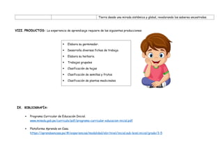 Tierra desde una mirada sistémica y global, revalorando los saberes ancestrales.
VIII. PRODUCTOS: La experiencia de aprendizaje requiere de las siguientes producciones:
IX. BIBLIOGRAFÍA:
 Programa Curricular de Educación Inicial.
www.minedu.gob.pe/curriculo/pdf/programa-curricular-educacion-inicial.pdf
 Plataforma Aprendo en Casa.
https://aprendoencasa.pe/#/experiencias/modalidad/ebr/nivel/inicial.sub-level.inicial/grado/3-5
 Elabora su germinador.
 Desarrolla diversas fichas de trabajo.
 Elabora su herbario.
 Trabajos grupales
 Clasificación de hojas
 Clasificación de semillas y frutos
 Clasificación de plantas medicinales
 
