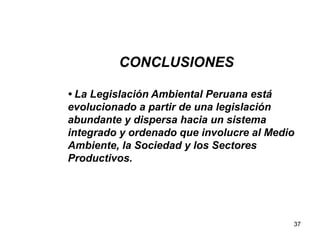 37
CONCLUSIONES
• La Legislación Ambiental Peruana está
evolucionado a partir de una legislación
abundante y dispersa hacia un sistema
integrado y ordenado que involucre al Medio
Ambiente, la Sociedad y los Sectores
Productivos.
 